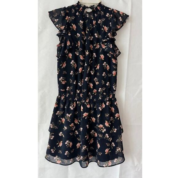 1.STATE Navy Floral Ruffle Mini Dress XS Smocked Waist Layered Hem - Picture 13 of 13